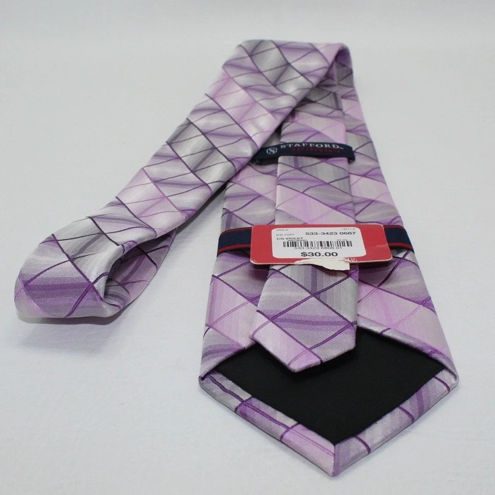 Stafford Performance Mens Silk Tie Purple Violet Geometric Diamond Grid NEW